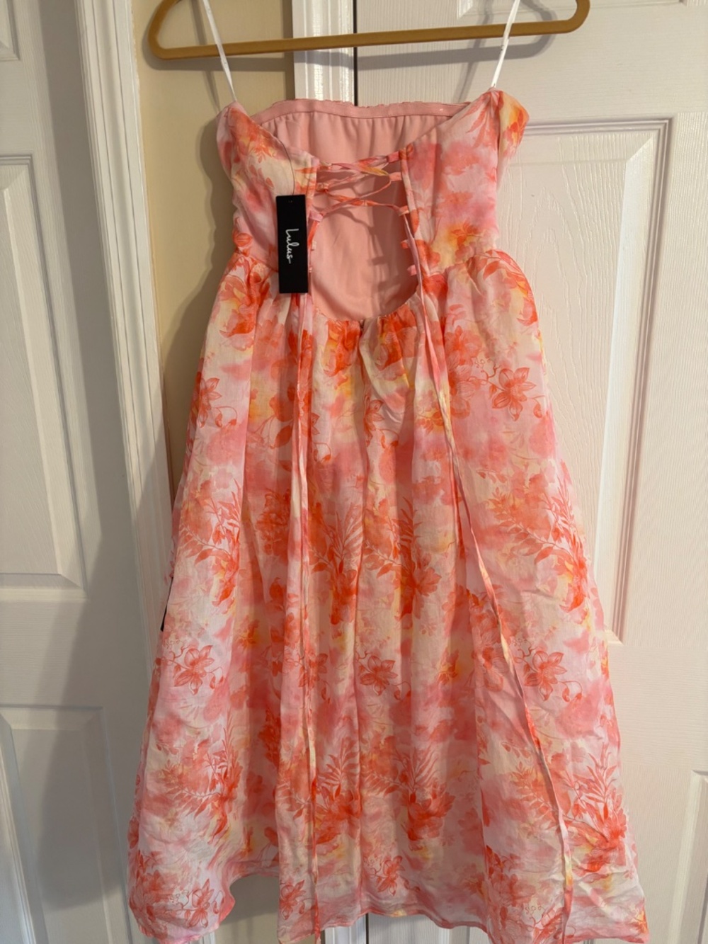Lulus Eulalia Pink Floral Lace-up Strapless Bustier Midi Dress - Size M - Picture 2 of 4
